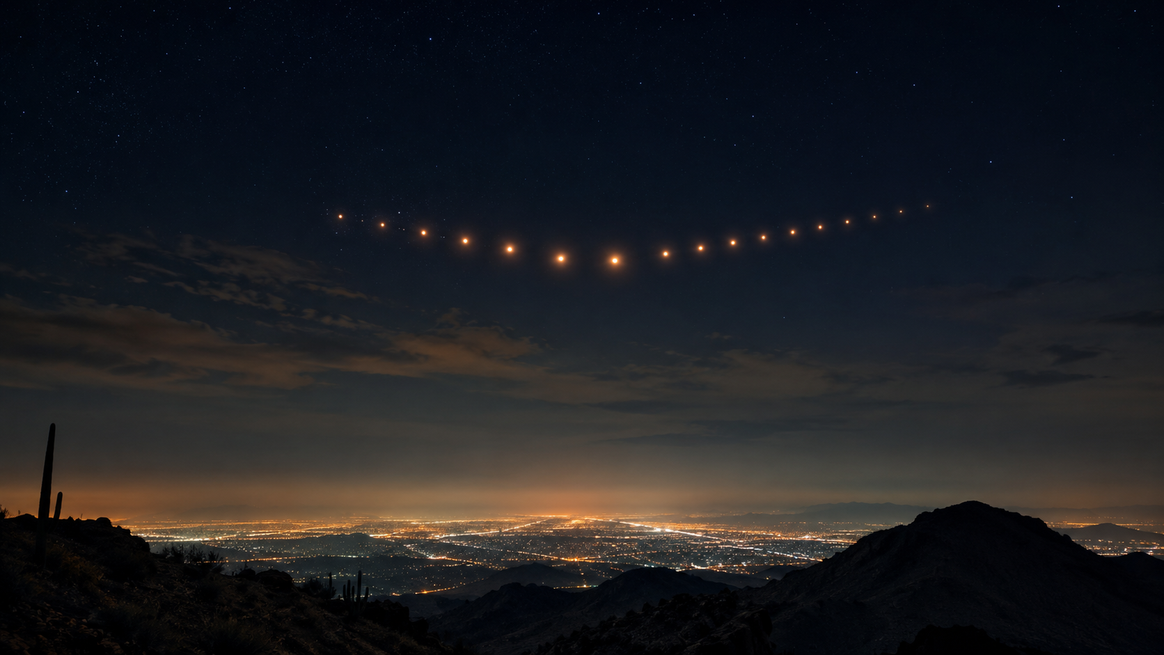 Phoenix Lights glowing over the Arizona desert near Phoenix in 1997