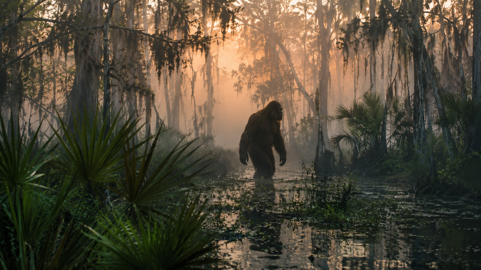 Florida Skunk Ape walking through a misty Everglades swamp at sunrise