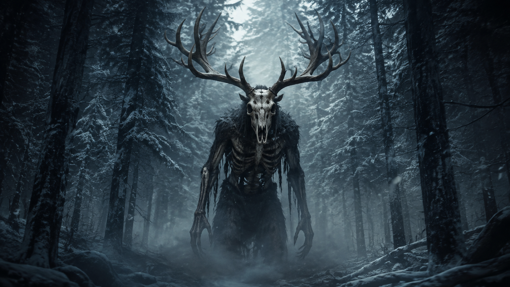 “Antlered Wendigo skull creature in a snowy forest