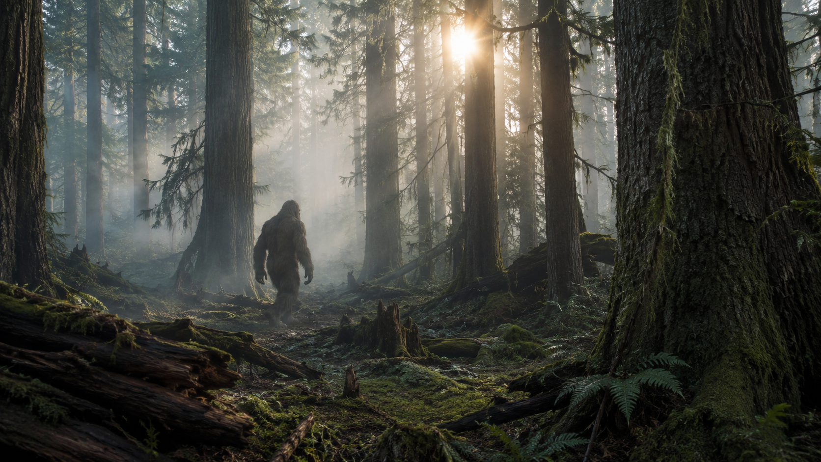 Bigfoot walking through a misty Pacific Northwest forest