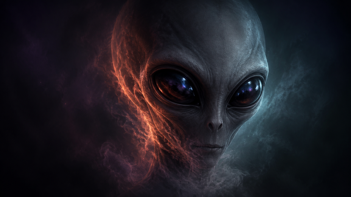 Vivid picture of an alien grey with red and blue light