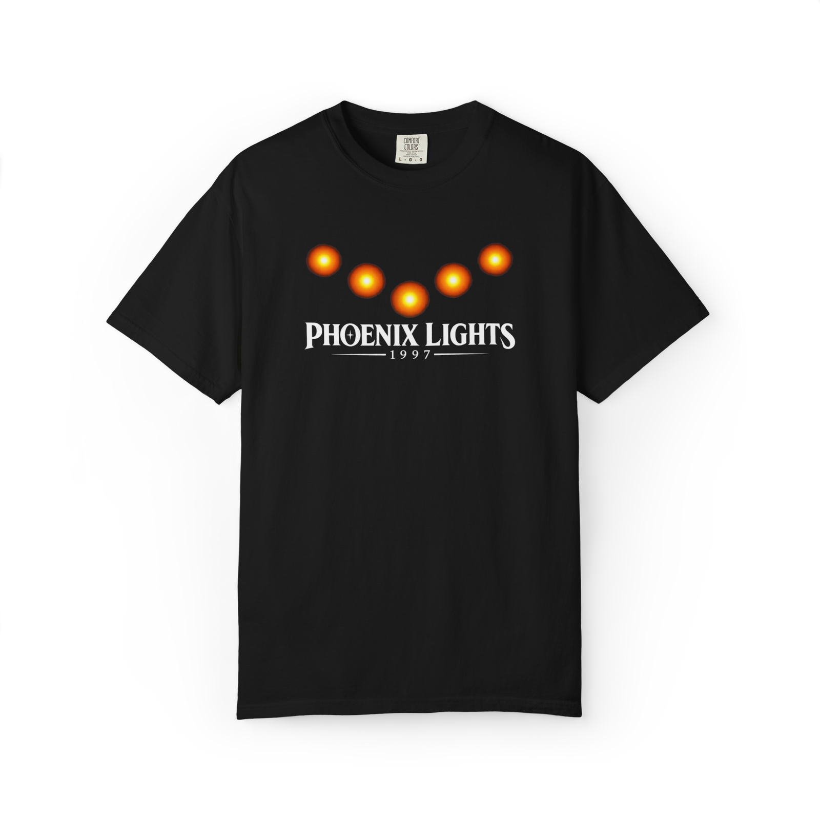 Black Arizona Phoenix Lights T-shirt with five glowing orange UFO lights and 1997 text