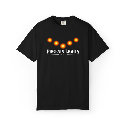 Black Arizona Phoenix Lights T-shirt with five glowing orange UFO lights and 1997 text