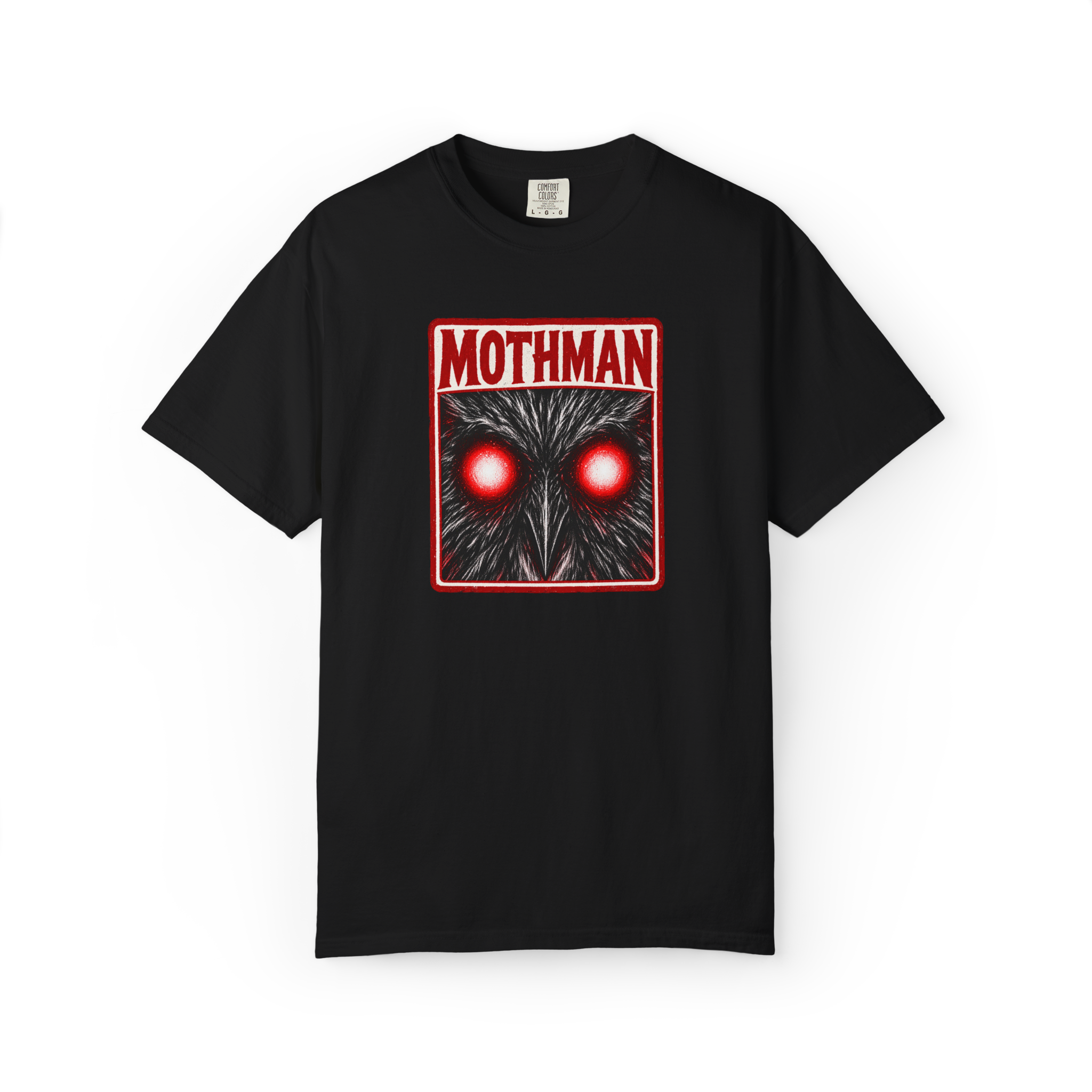 Black Mothman shirt with glowing red eyes, close-up cryptid face artwork, and red MOTHMAN text