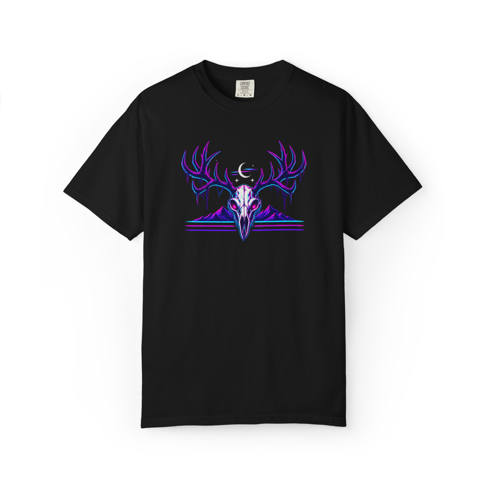 Black t-shirt featuring a neon Wendigo skull with large antlers, purple and blue glowing details, a crescent moon, and retro landscape elements.