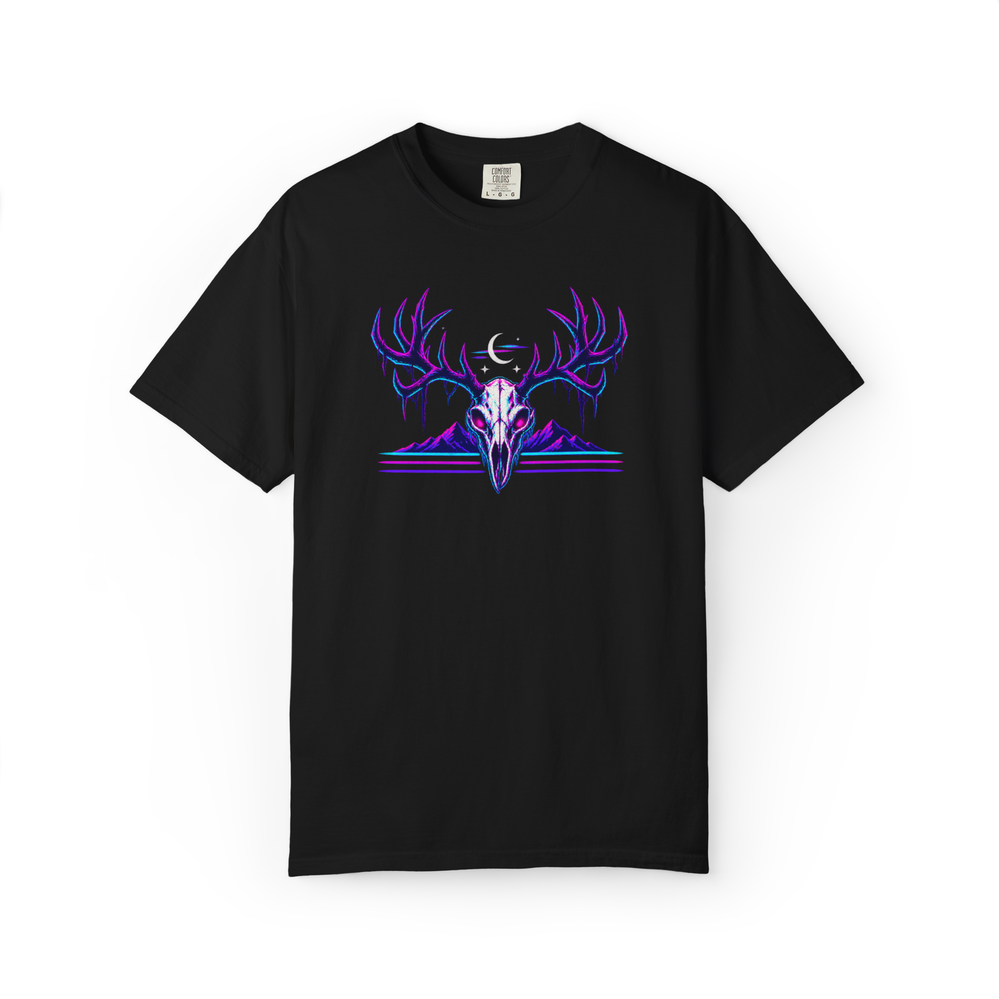 Black t-shirt featuring a neon Wendigo skull with large antlers, purple and blue glowing details, a crescent moon, and retro landscape elements.