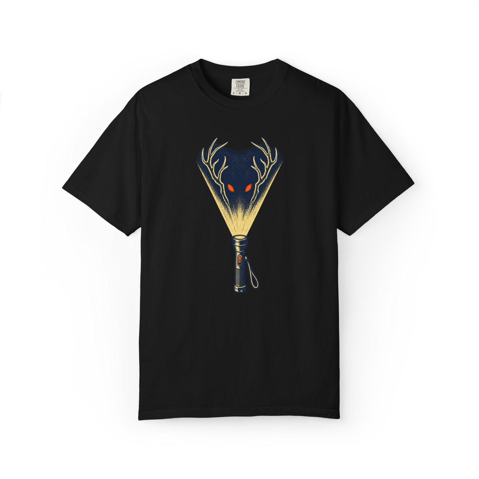 Black Wendigo t shirt with a flashlight beam revealing an antlered shadow creature with glowing orange-red eyes