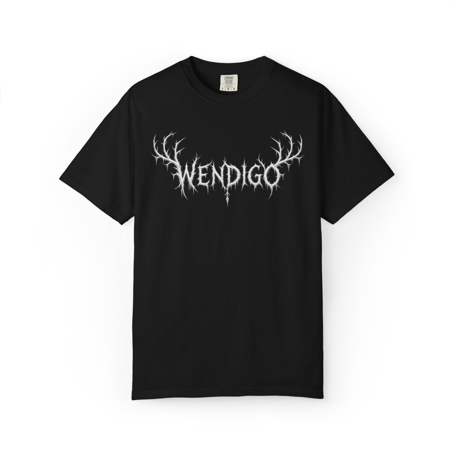 Black Wendigo shirt with white antler-style WENDIGO text graphic in a minimalist horror design