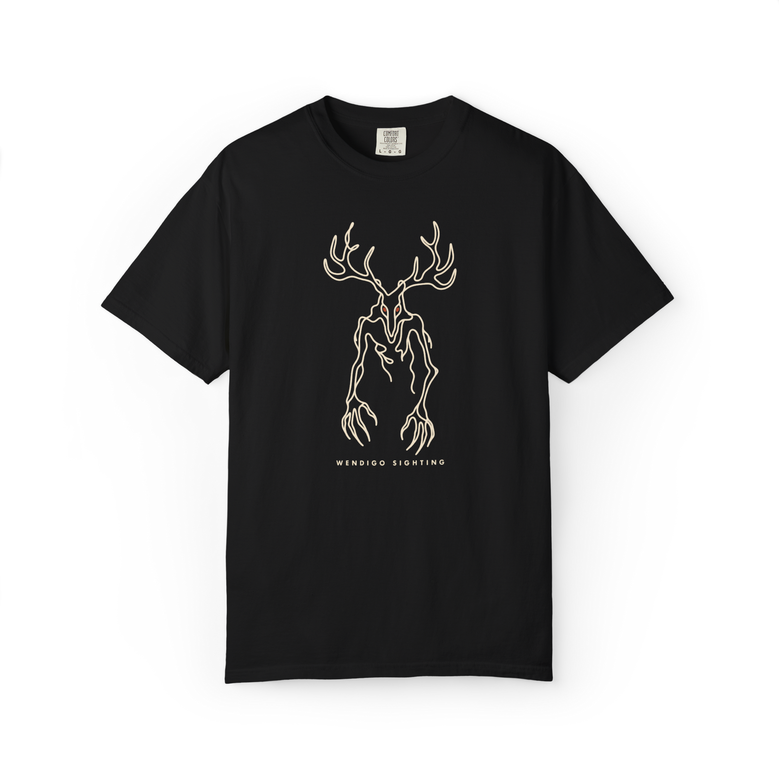Black Wendigo shirt with minimalist white line art of an antlered creature and the text Wendigo Sighting