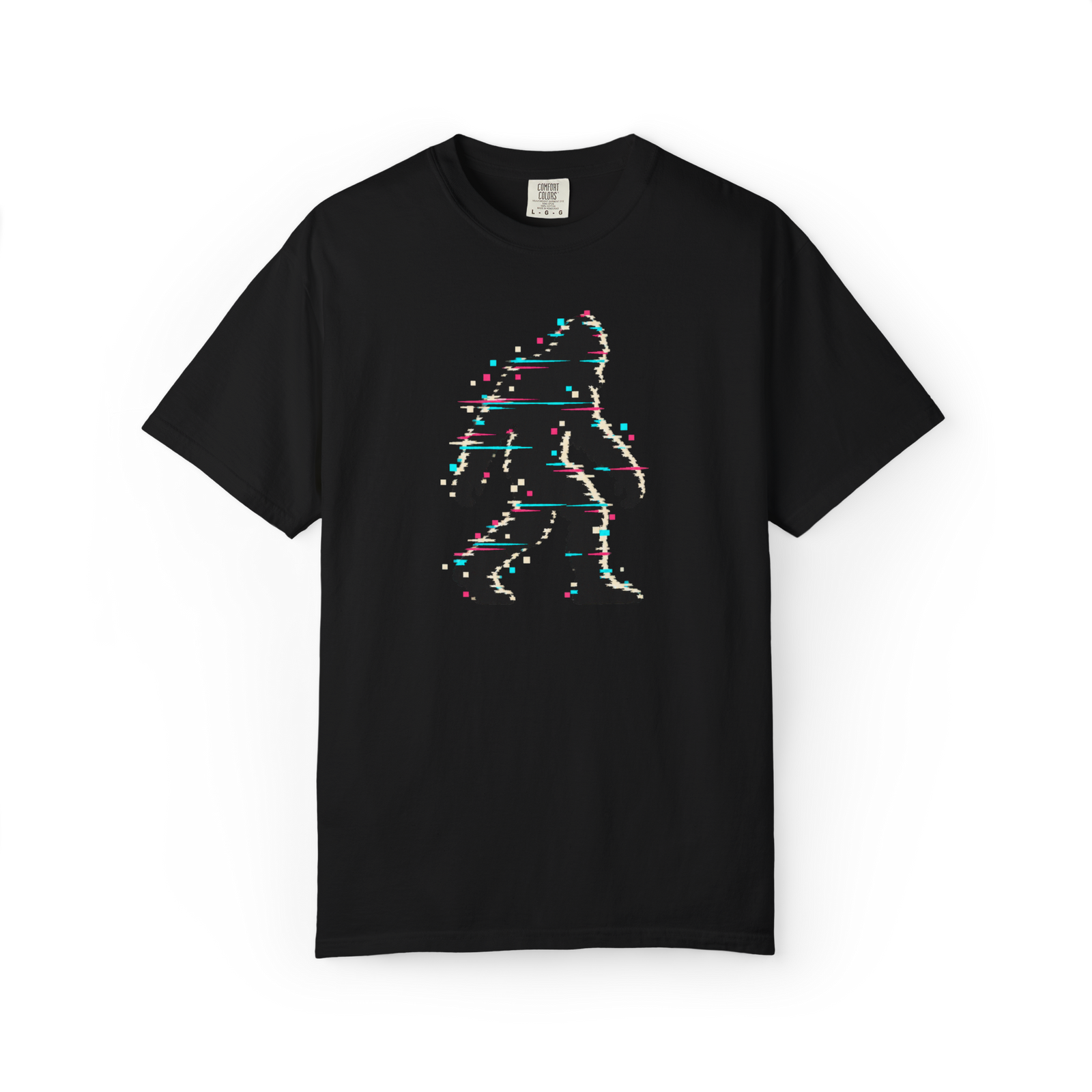 Black Bigfoot t shirt featuring a walking Sasquatch silhouette with cyan pink and cream digital glitch distortion