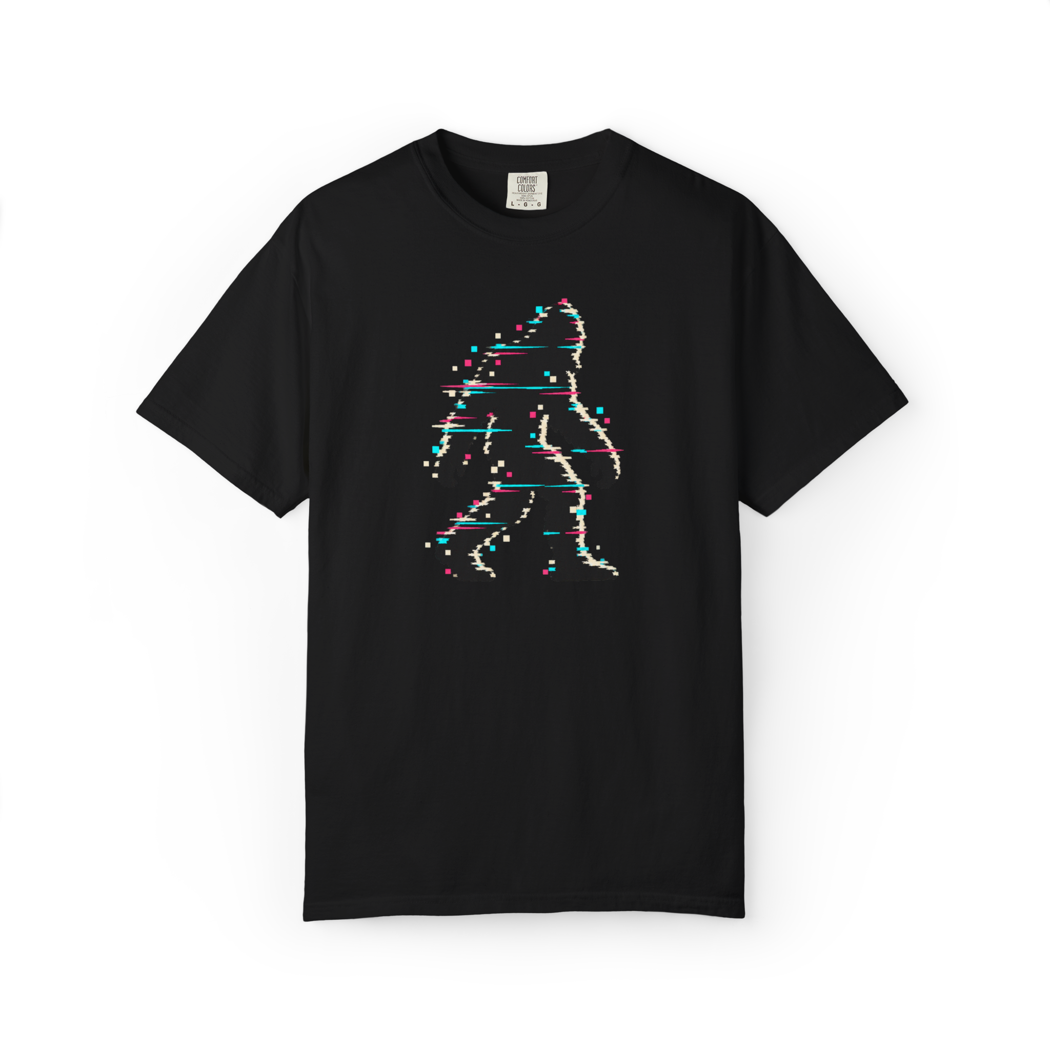 Black Bigfoot t shirt featuring a walking Sasquatch silhouette with cyan pink and cream digital glitch distortion
