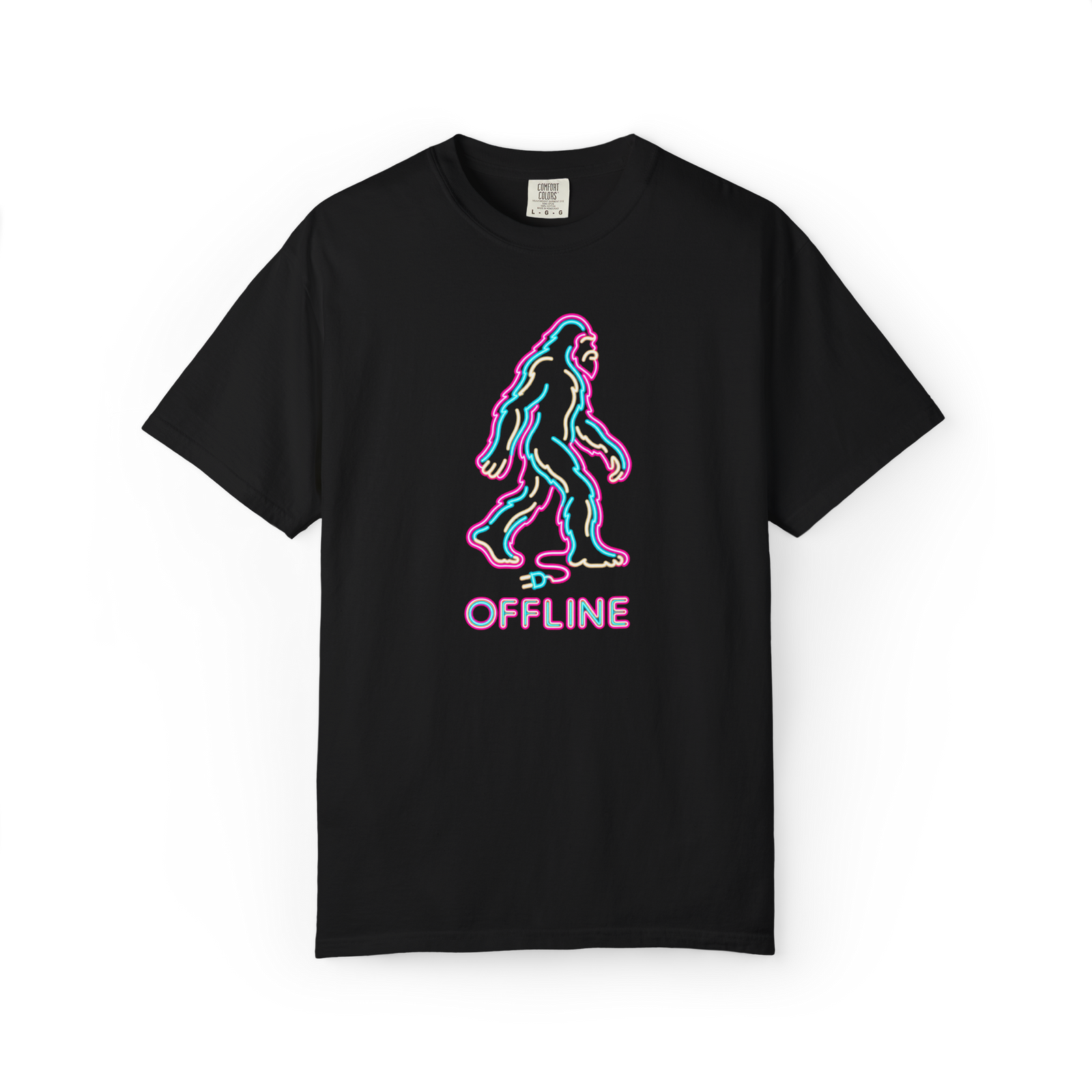 Black Bigfoot t shirt featuring a neon pink cyan and cream walking Sasquatch with unplugged cord and Offline text