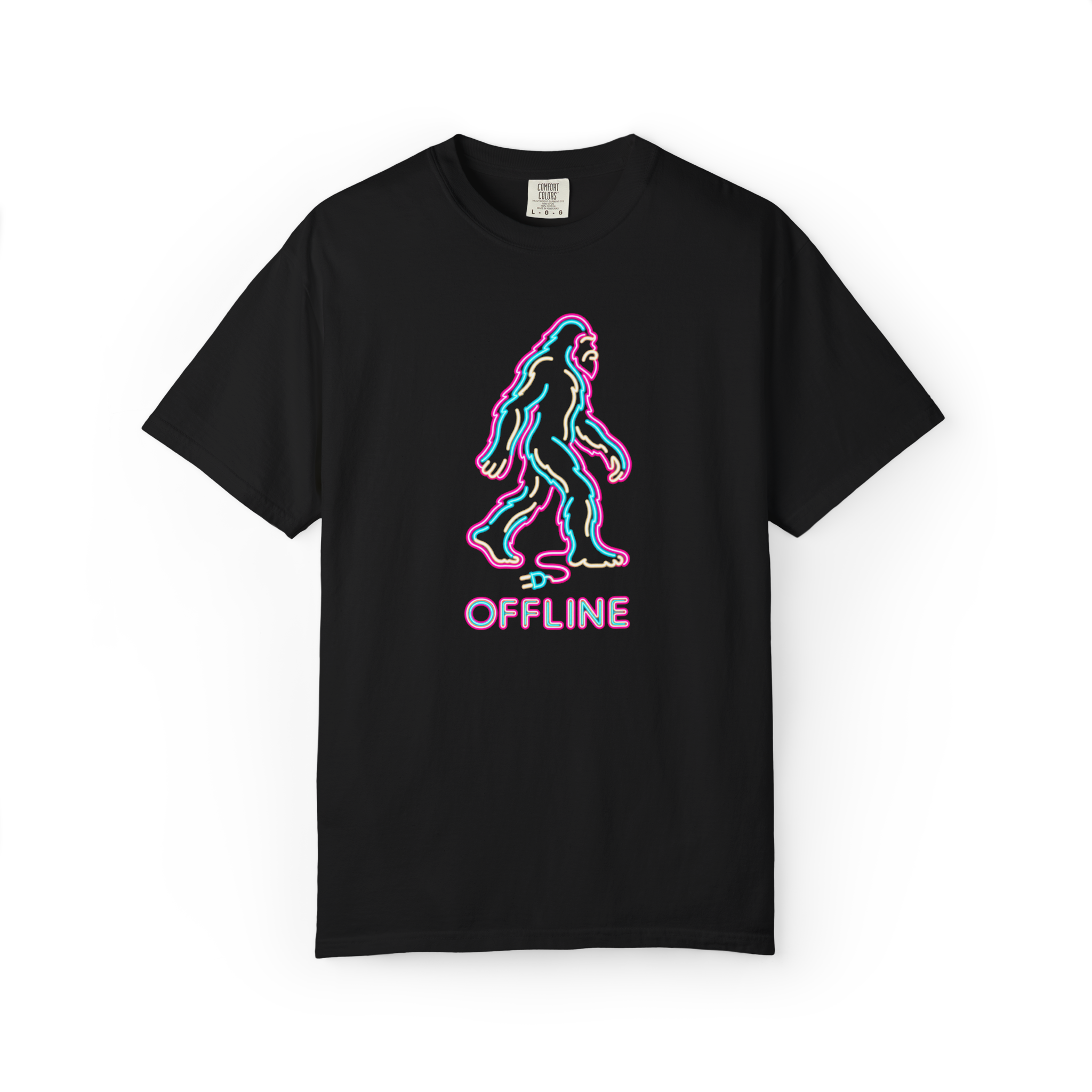Black Bigfoot t shirt featuring a neon pink cyan and cream walking Sasquatch with unplugged cord and Offline text