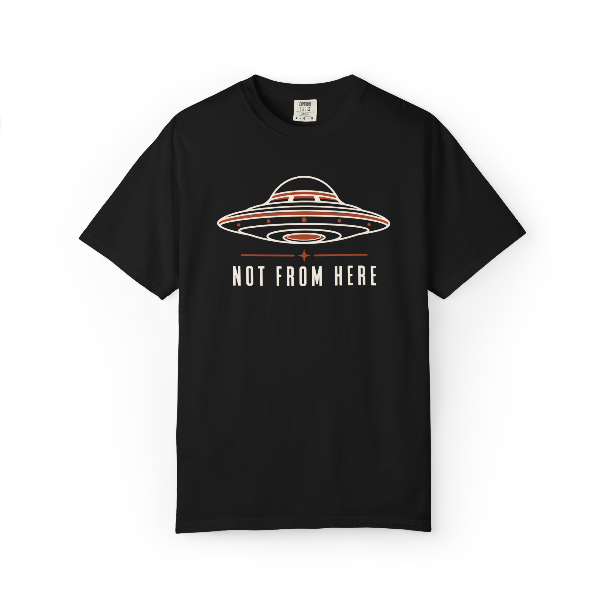 Black UFO t shirt featuring a cream and orange retro flying saucer with distressed Not From Here text