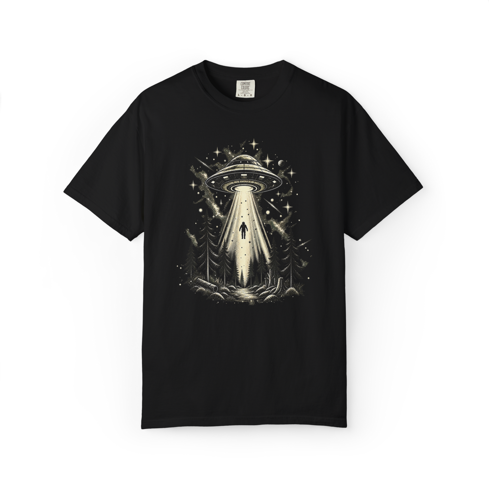 UFO forest abduction graphic T-shirt with alien tractor beam