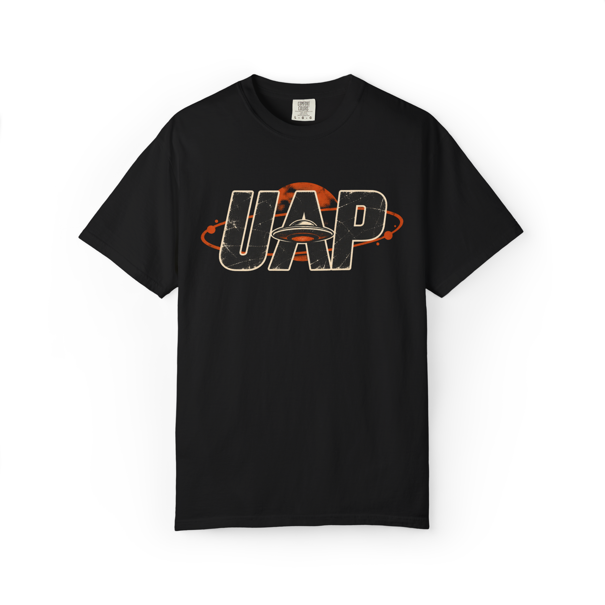 Distressed UAP shirt design with a flying saucer and orange orbital graphic