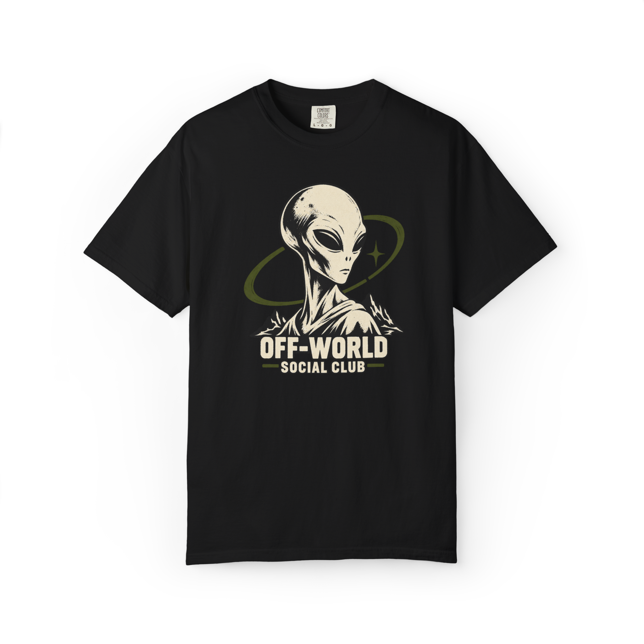 Alien shirt with grey alien portrait and Off-World Social Club text on a black tee