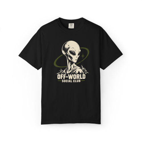 Alien shirt with grey alien portrait and Off-World Social Club text on a black tee
