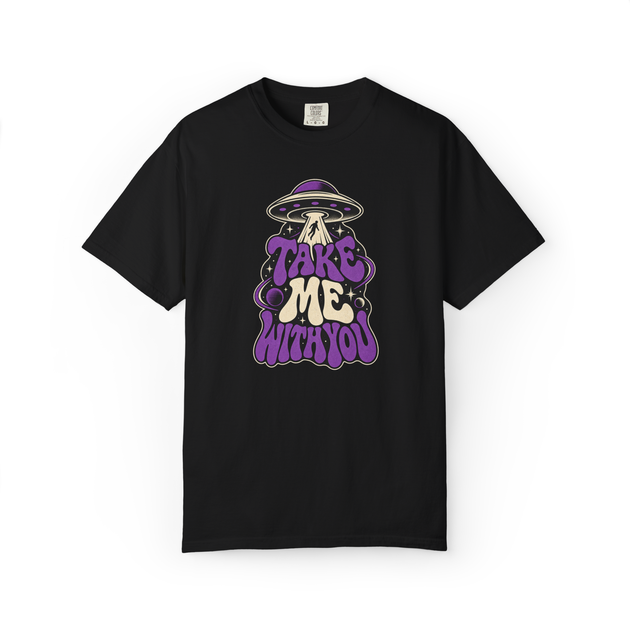 Black UFO abduction shirt featuring a flying saucer beaming up a person with Take Me With You text in purple and cream
