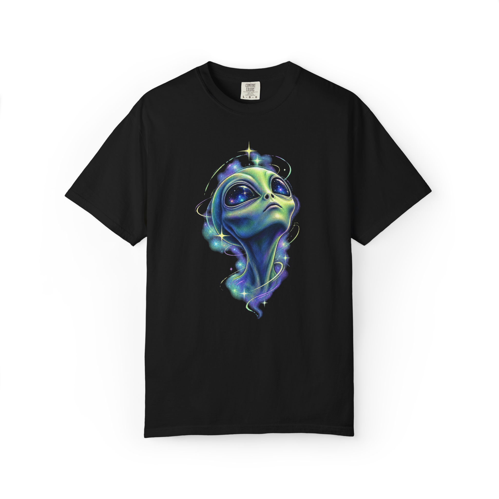 Black cosmic alien shirt featuring a glowing extraterrestrial face with galaxy eyes and colorful nebula detail