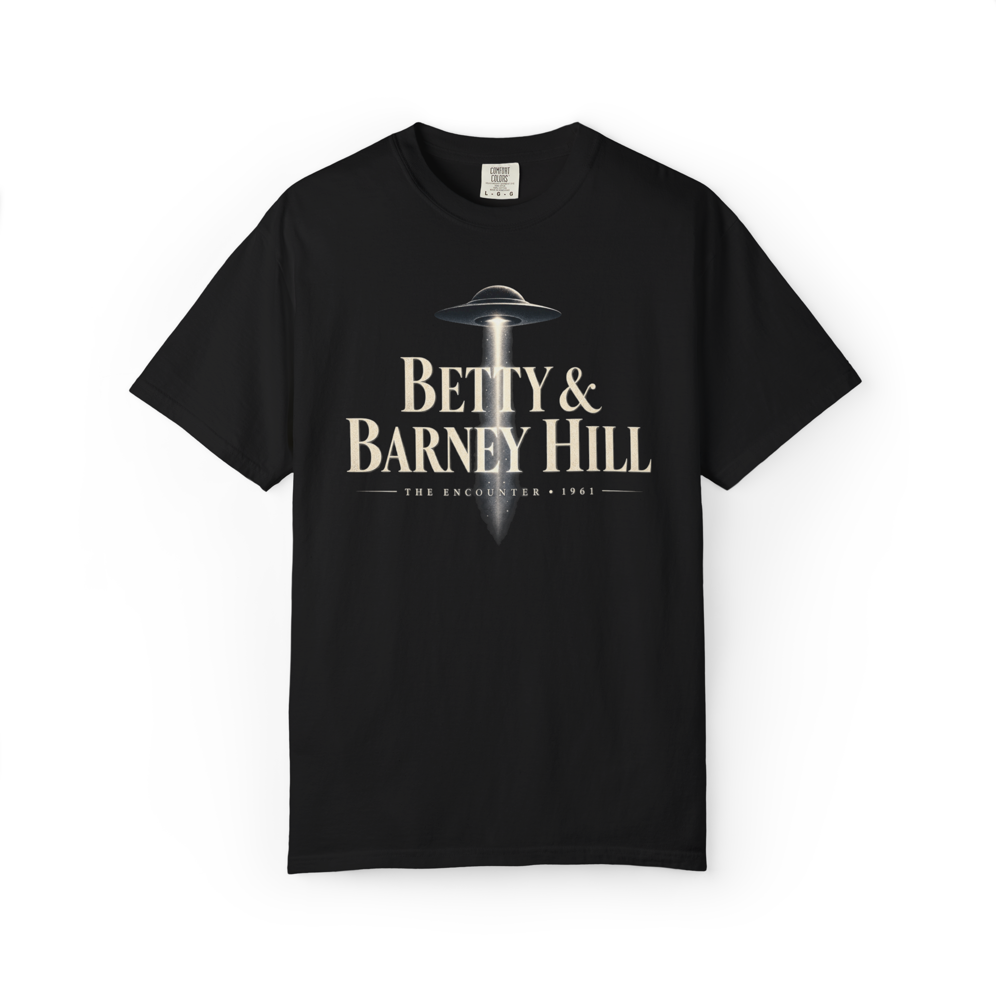 Black Betty and Barney Hill shirt featuring a flying saucer light beam with The Encounter 1961 text