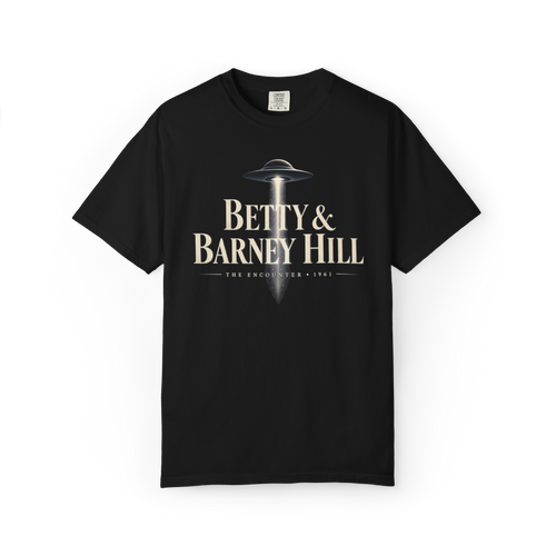 Black Betty and Barney Hill shirt featuring a flying saucer light beam with The Encounter 1961 text