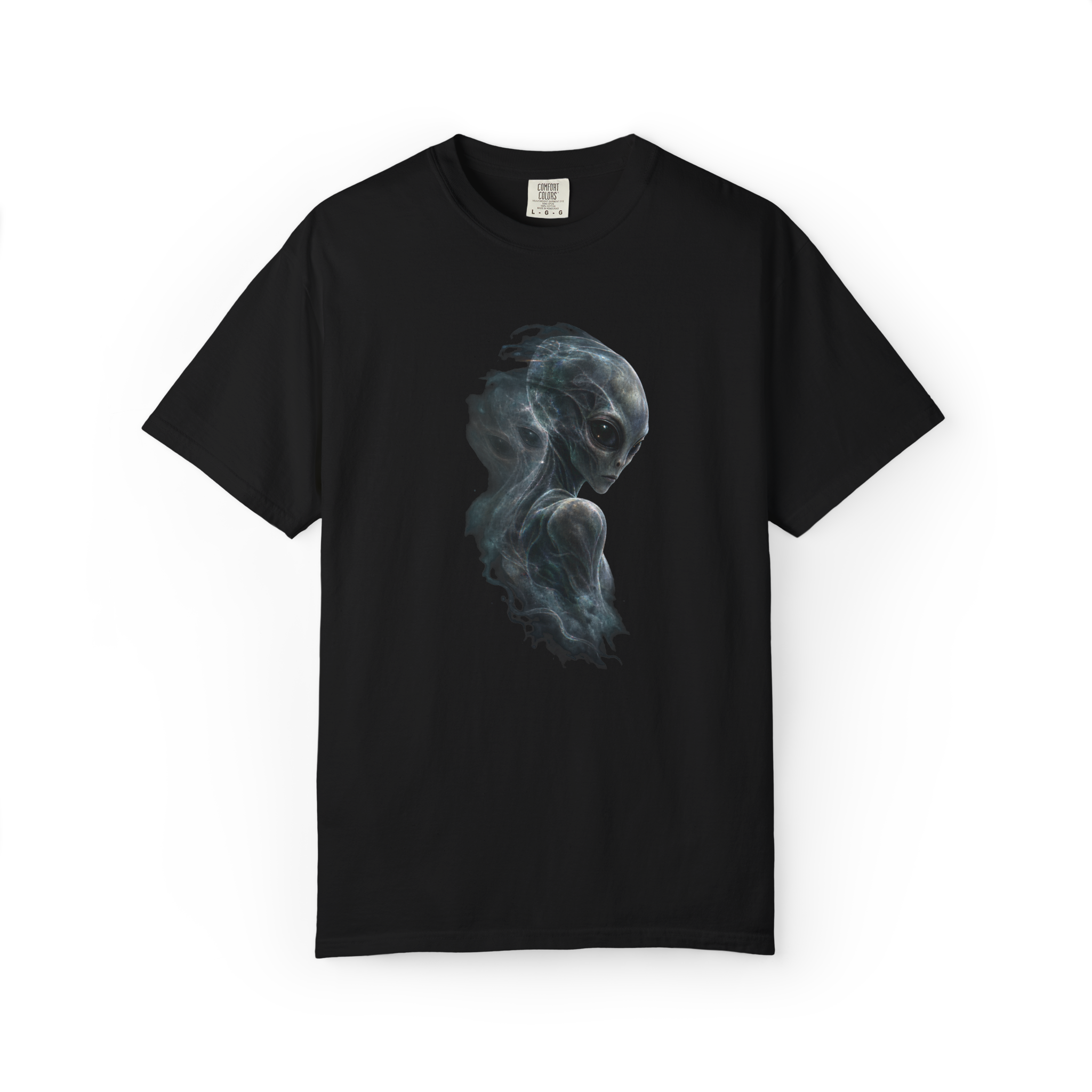 Black alien shirt featuring a ghostly blue gray extraterrestrial figure fading into smoky trails