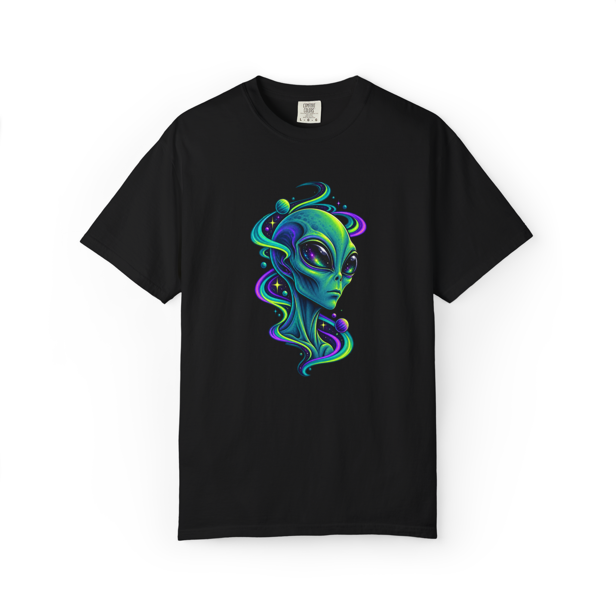 Black cosmic alien shirt featuring a colorful extraterrestrial face with neon galaxy swirls, planets, and stars