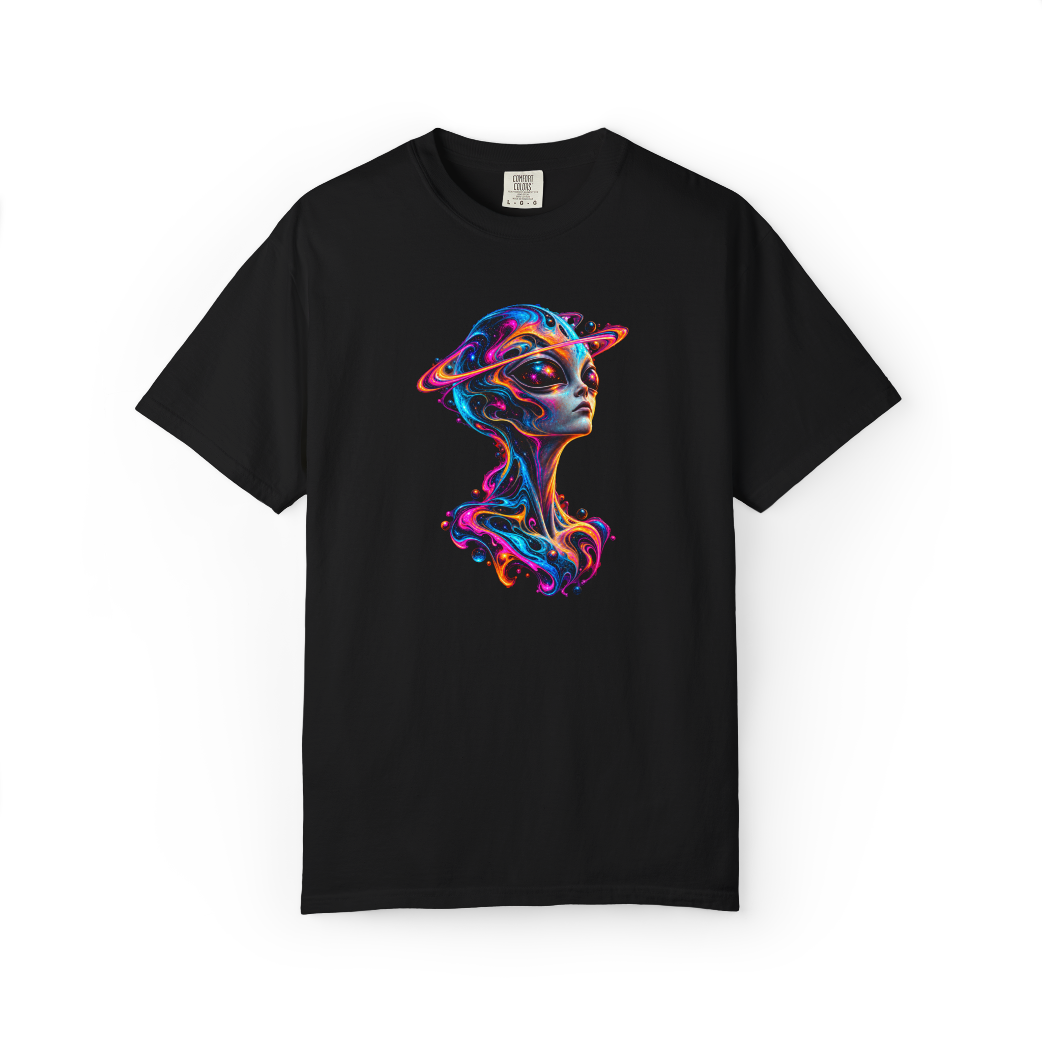 Black shirt featuring a colorful cosmic alien head with neon swirls and a Saturn-like ring around the face
