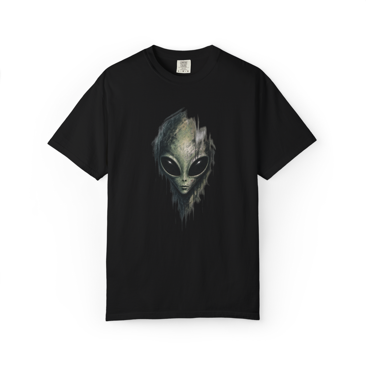 Black alien shirt featuring a creepy grey alien face with a distressed dripping effect
