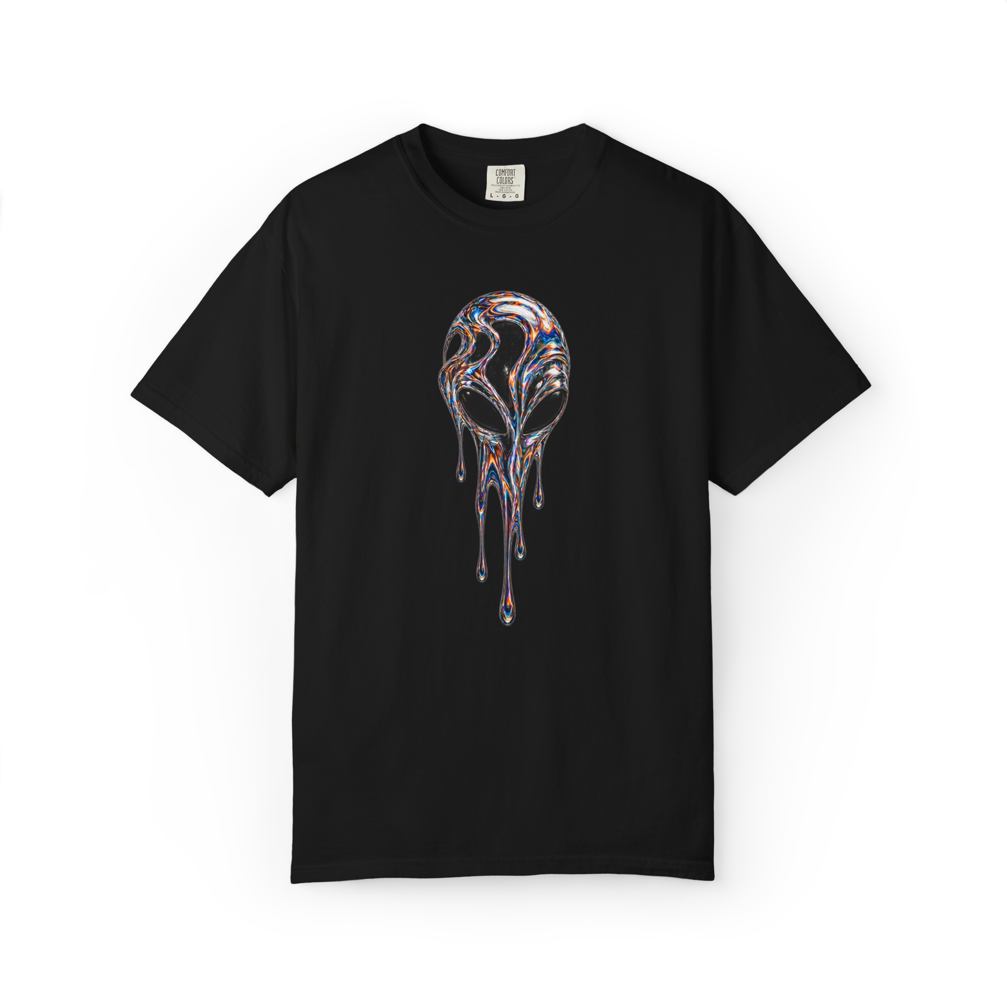 Black alien shirt featuring a metallic extraterrestrial face melting into blue orange and silver liquid drips