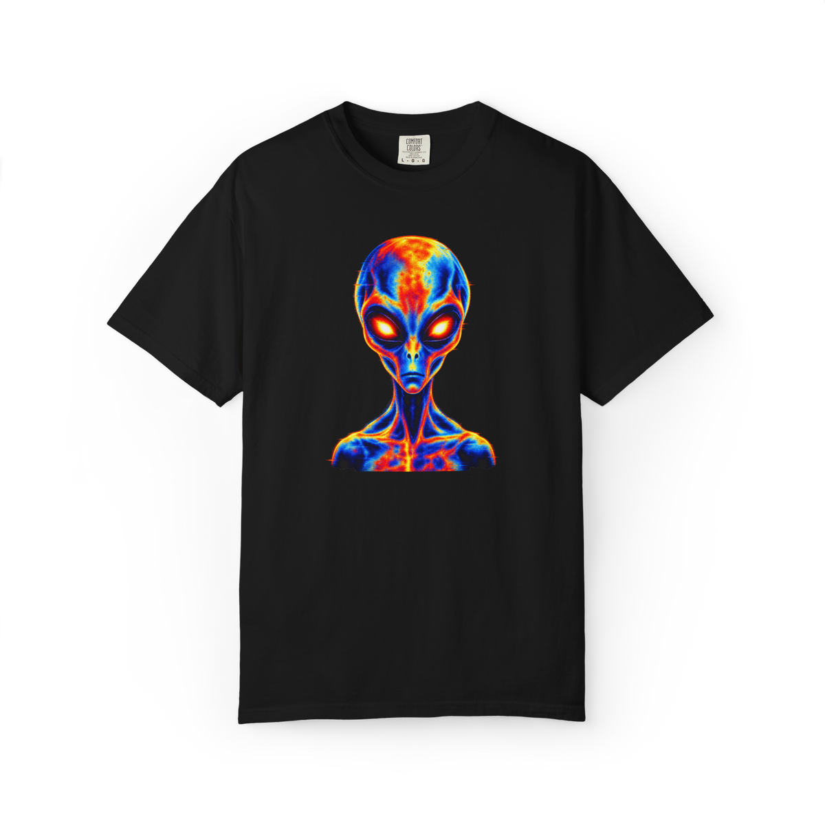 Black alien shirt featuring a colorful extraterrestrial portrait with glowing eyes and blue orange red thermal imaging effect