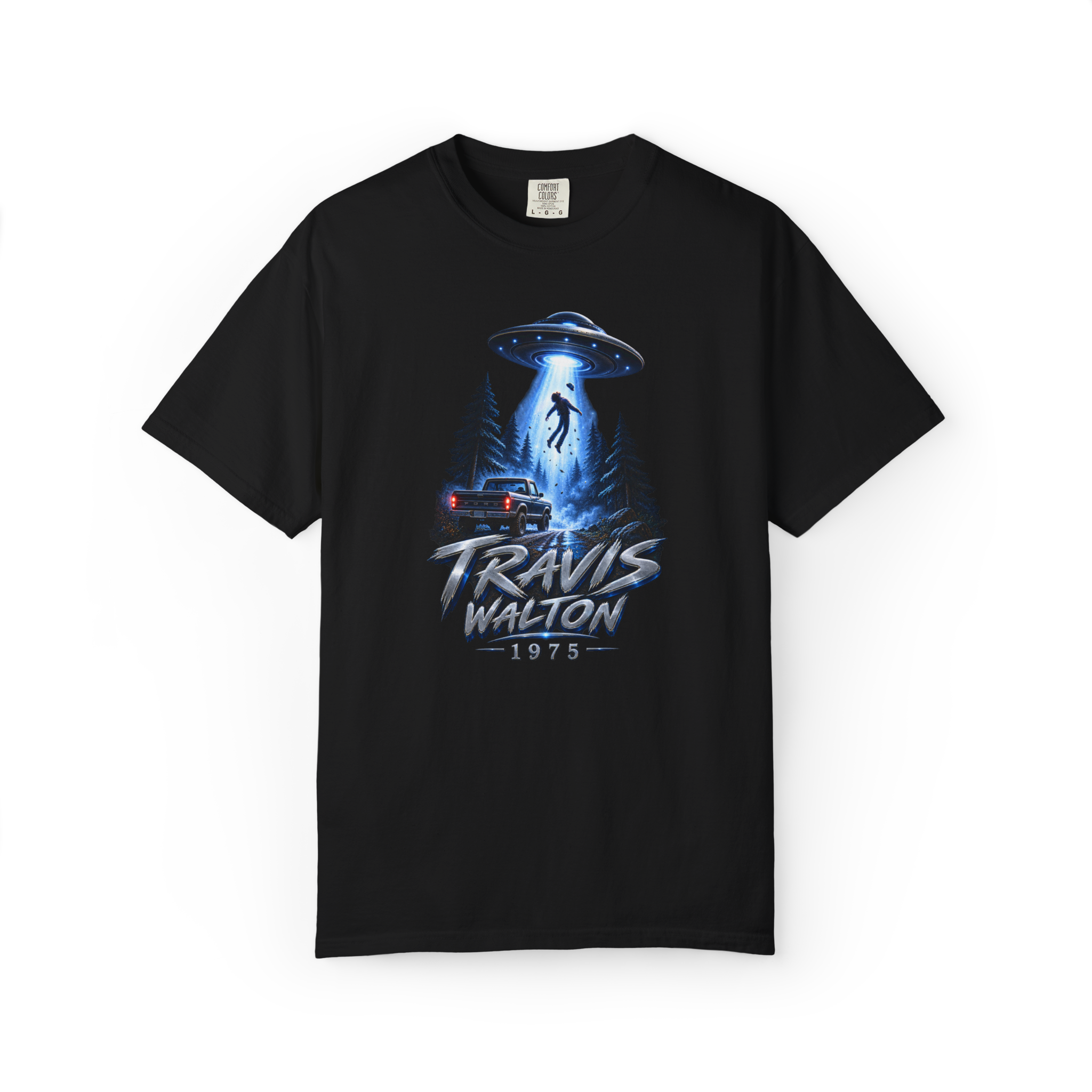 Black Travis Walton UFO shirt featuring the 1975 Arizona alien abduction encounter with a flying saucer, glowing beam, forest, and pickup truck