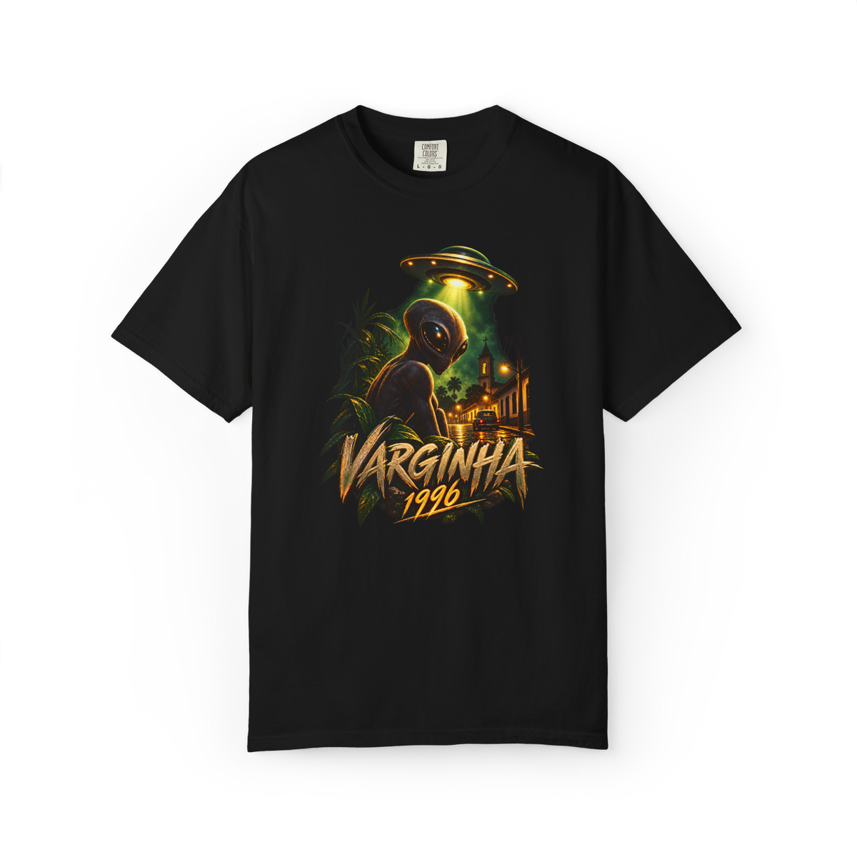 Black Varginha 1996 alien shirt featuring an extraterrestrial, glowing UFO, and nighttime Brazilian street scene