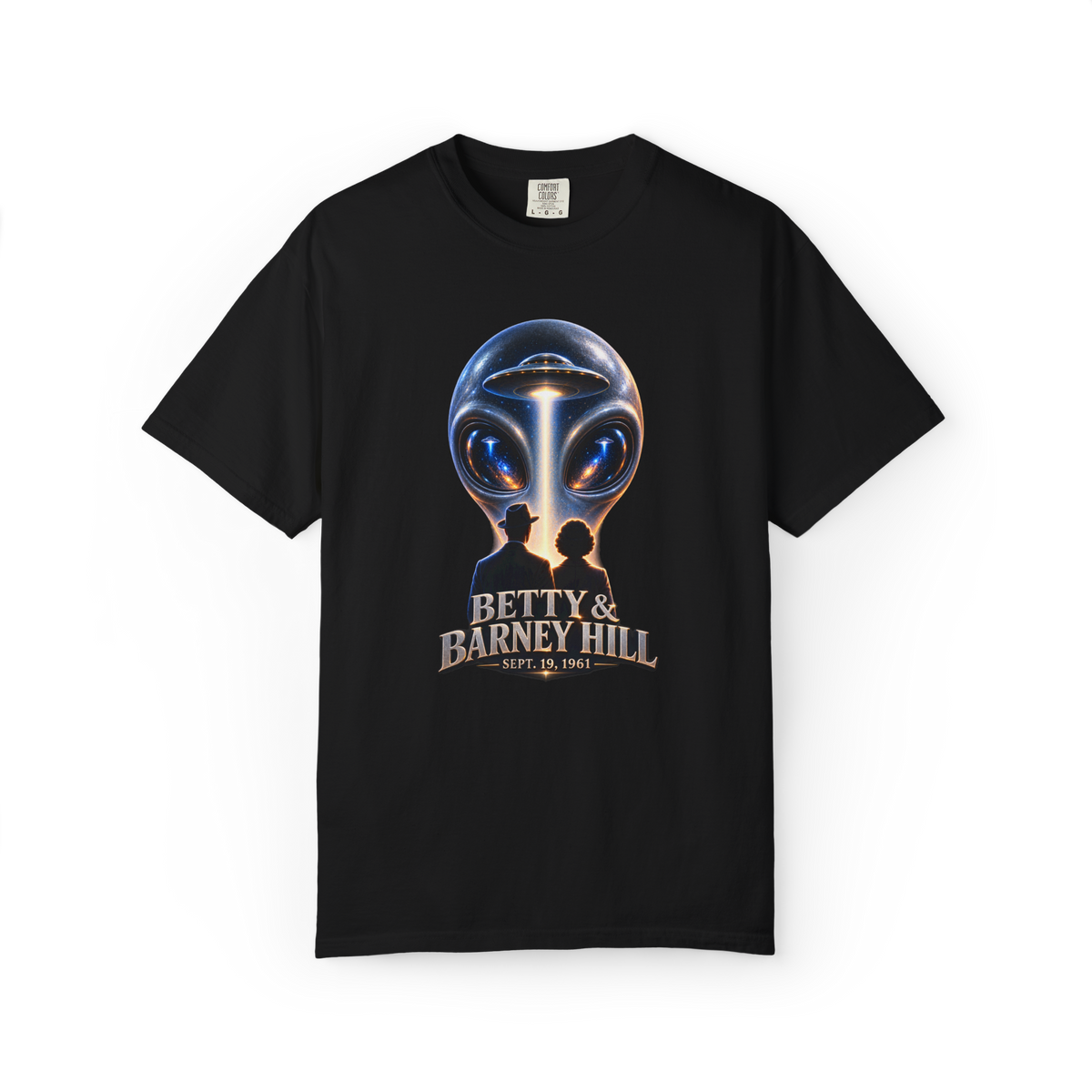 Black Betty and Barney Hill UFO shirt featuring their silhouettes beneath a giant alien face and flying saucer with Sept. 19 1961 text