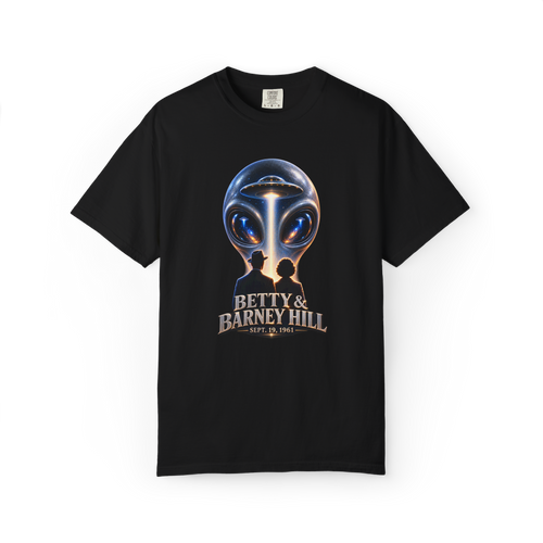 Black Betty and Barney Hill UFO shirt featuring their silhouettes beneath a giant alien face and flying saucer with Sept. 19 1961 text