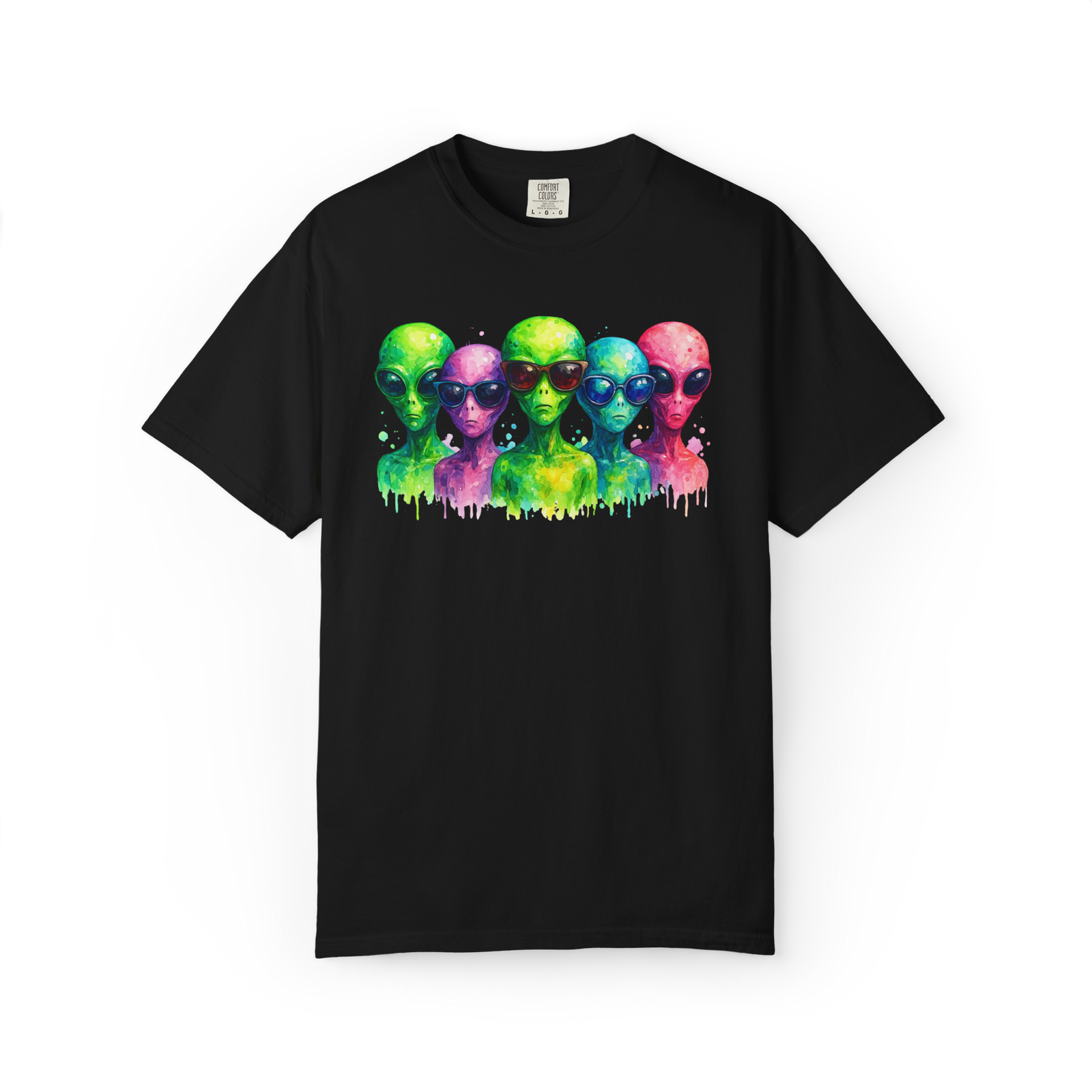Retro Alien Squad graphic T-shirt with colorful extraterrestrial faces