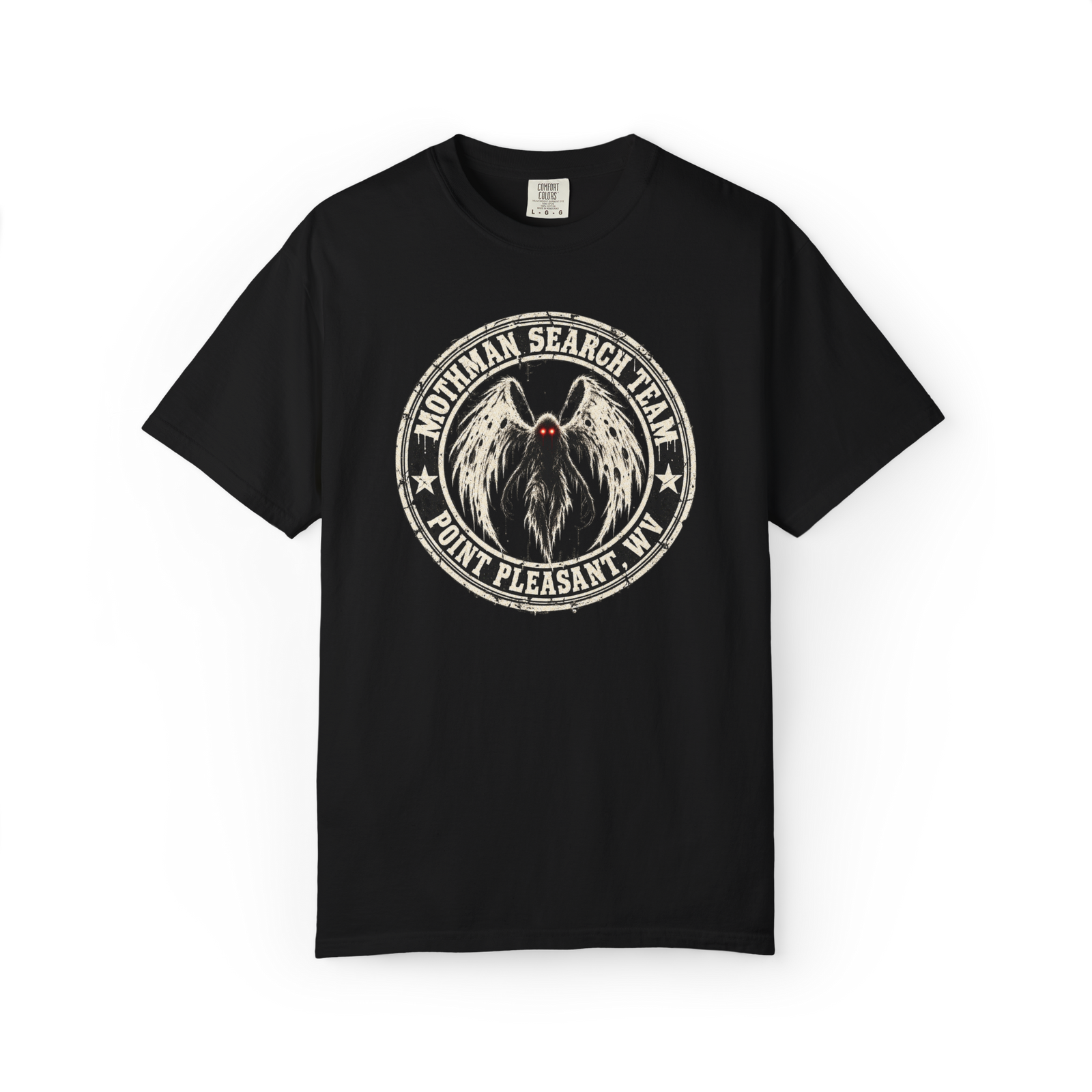 Black Mothman Search Team graphic T-shirt with red eyes