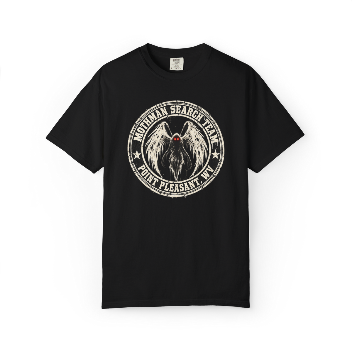 Black Mothman Search Team graphic T-shirt with red eyes