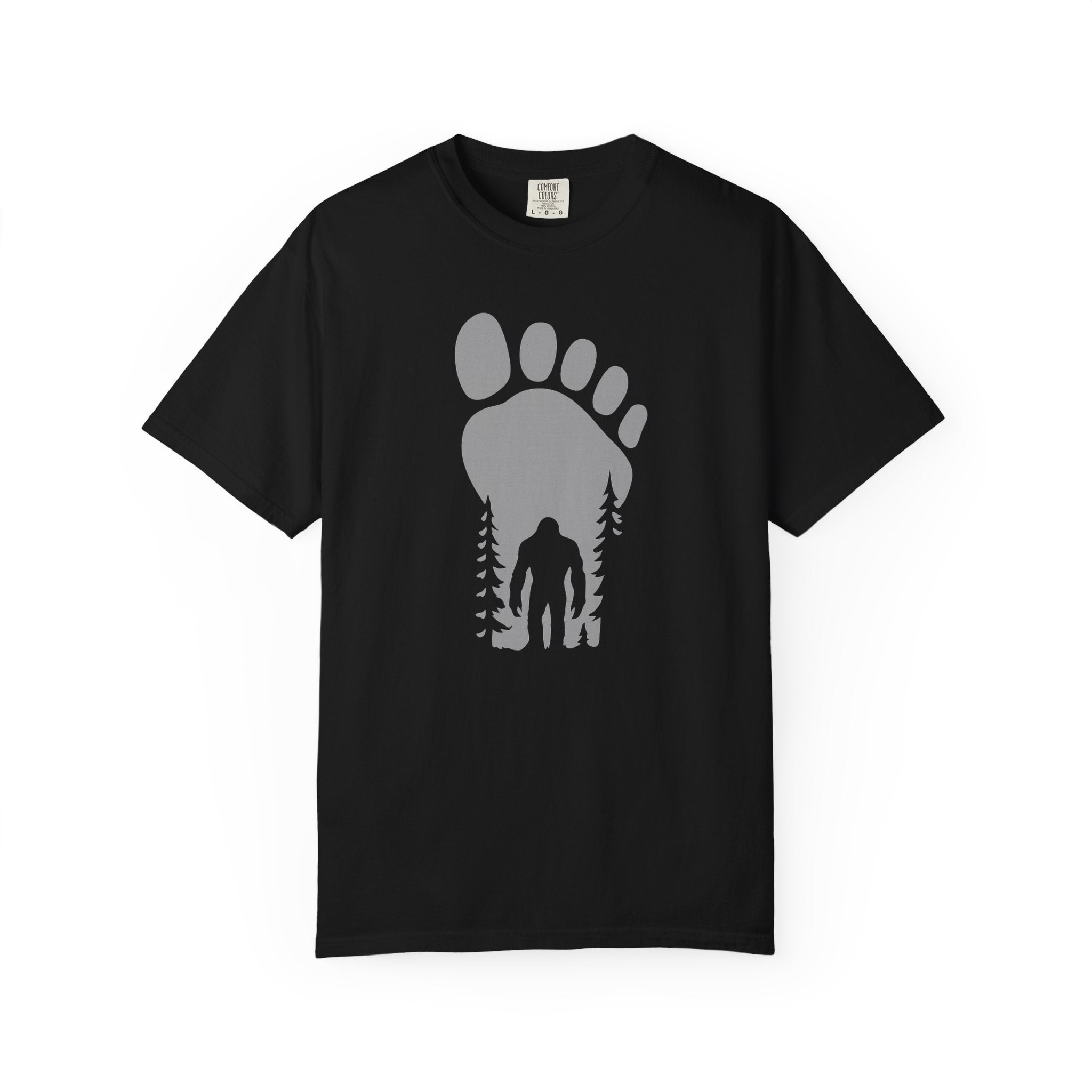 Bigfoot footprint silhouette T-shirt with Sasquatch figure inside the footprint