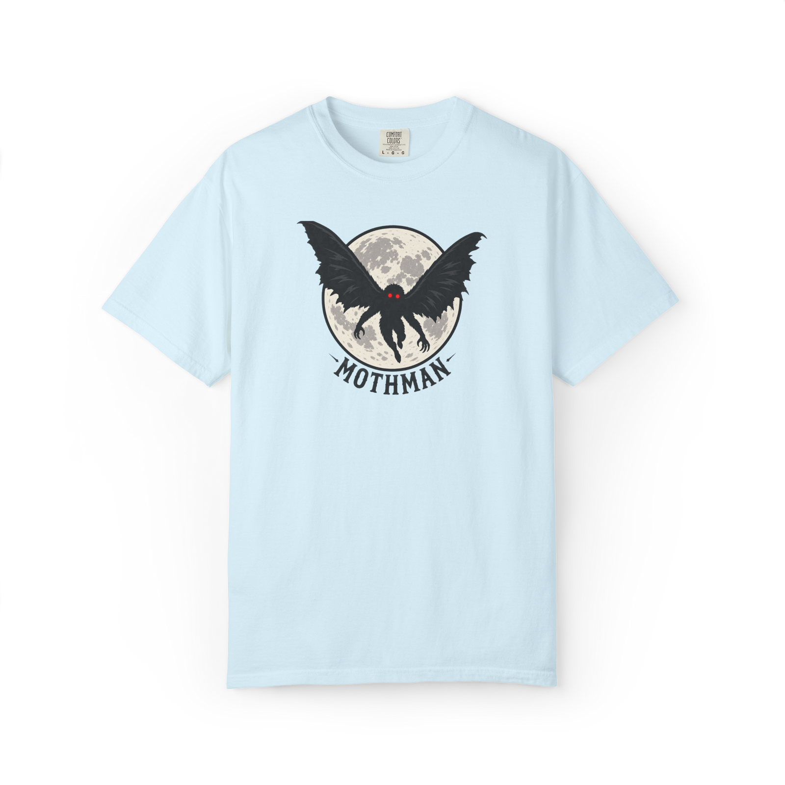 Light blue Mothman shirt with black winged cryptid, glowing red eyes, full moon graphic, and MOTHMAN text