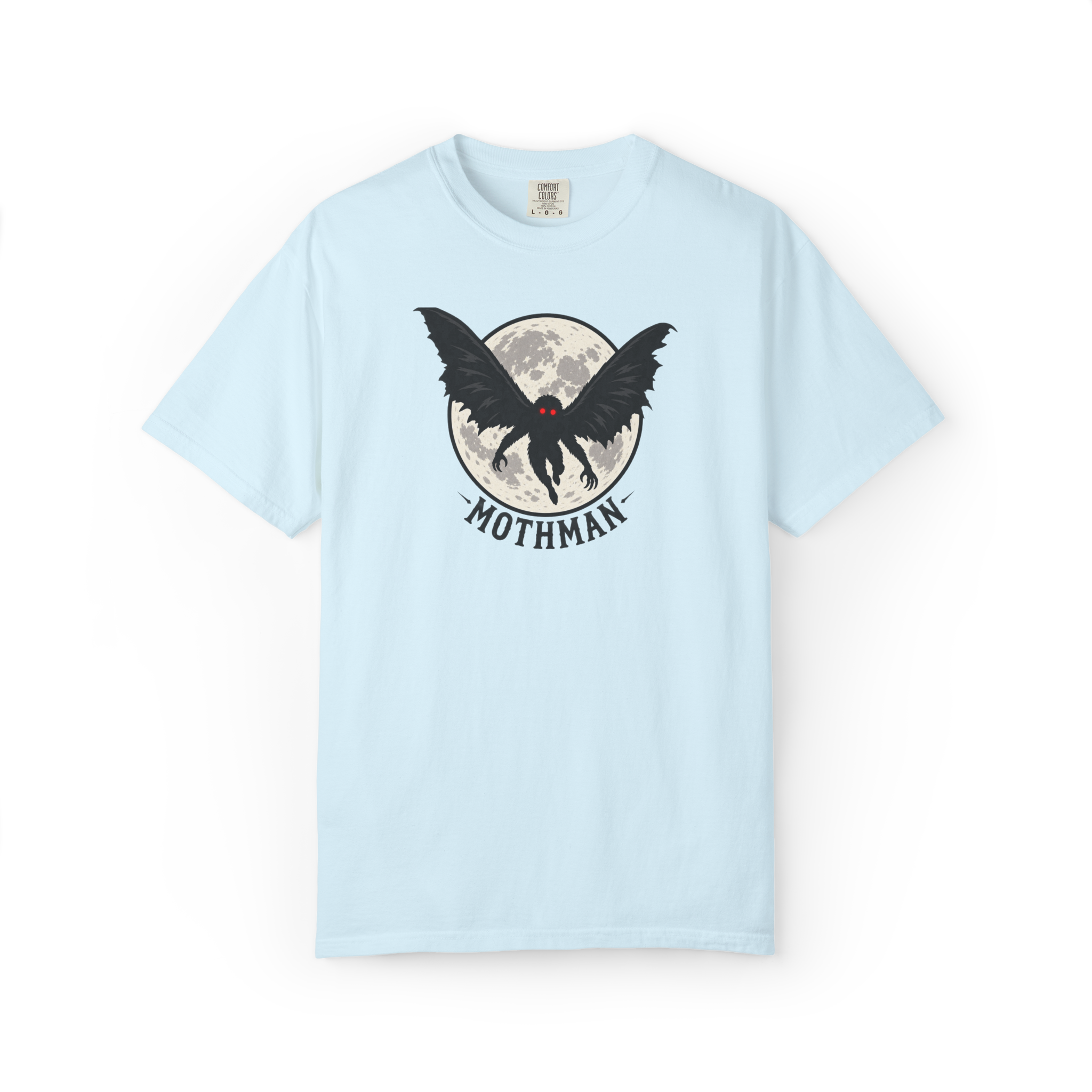 Light blue Mothman shirt with black winged cryptid, glowing red eyes, full moon graphic, and MOTHMAN text