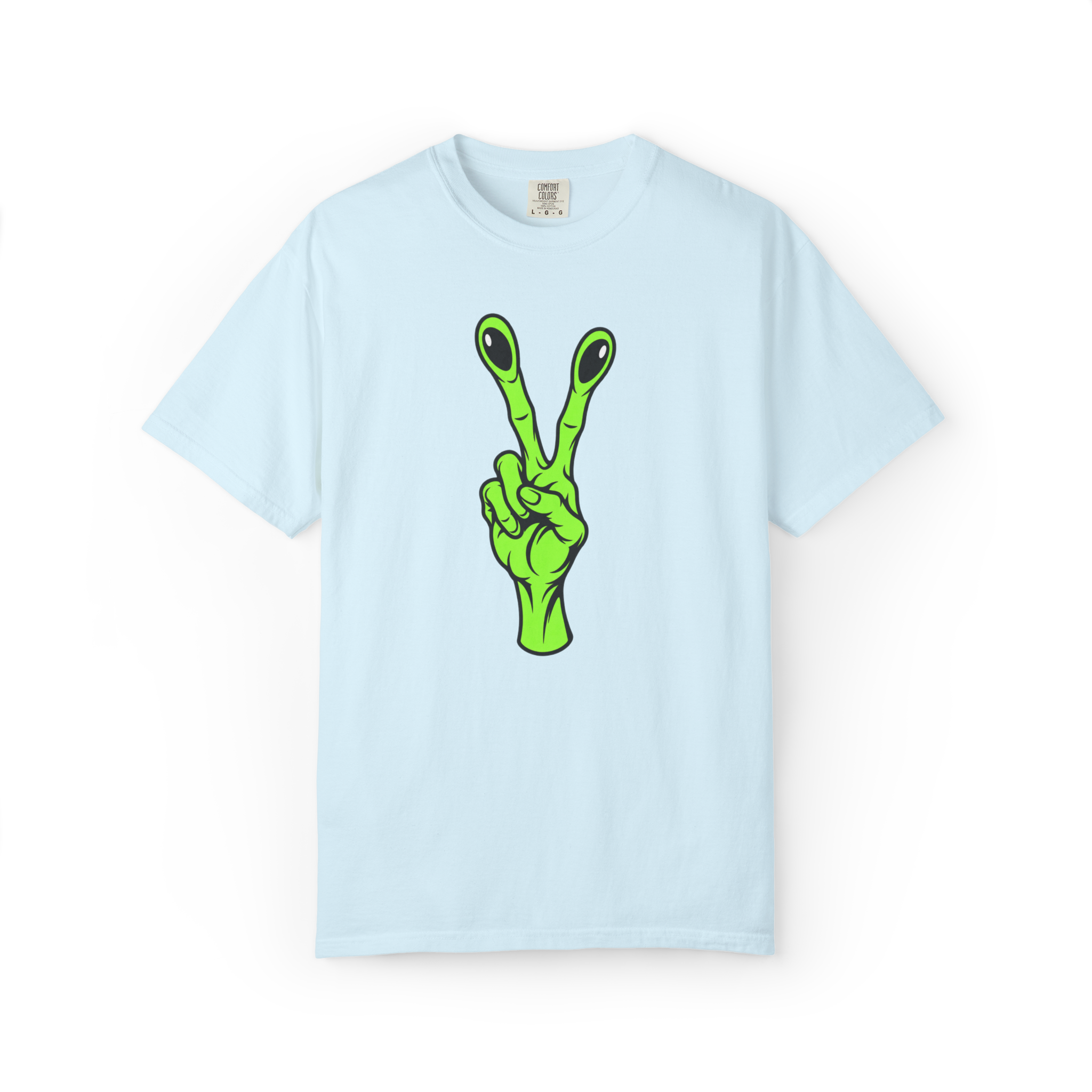 Alien peace sign shirt with green alien hand graphic on a light blue tee