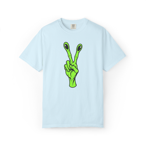 Alien peace sign shirt with green alien hand graphic on a light blue tee