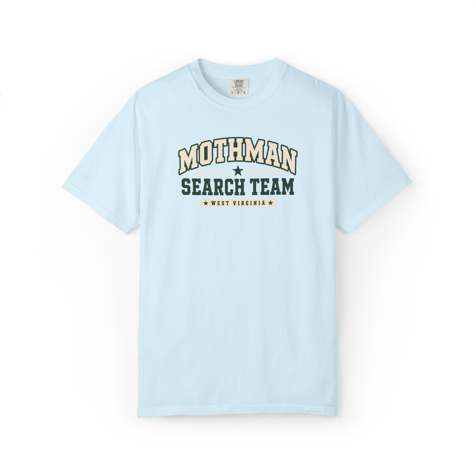 Light blue Mothman Search Team t shirt with collegiate-style text and West Virginia wording