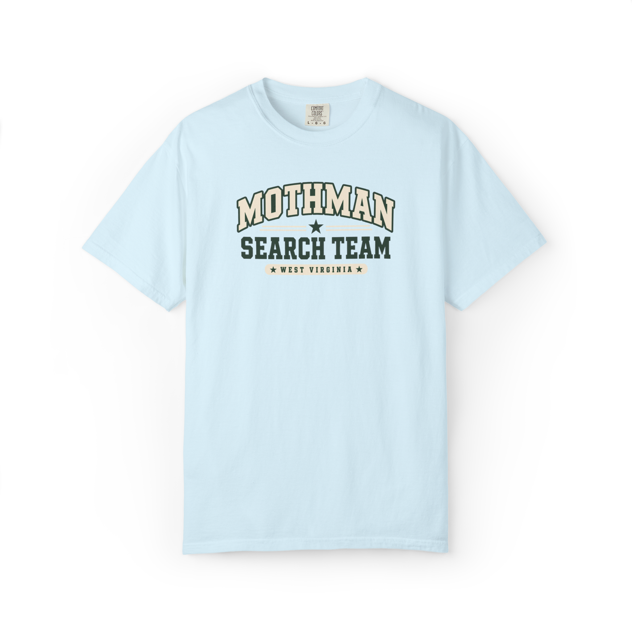 Light blue Mothman Search Team t shirt with collegiate-style text and West Virginia wording