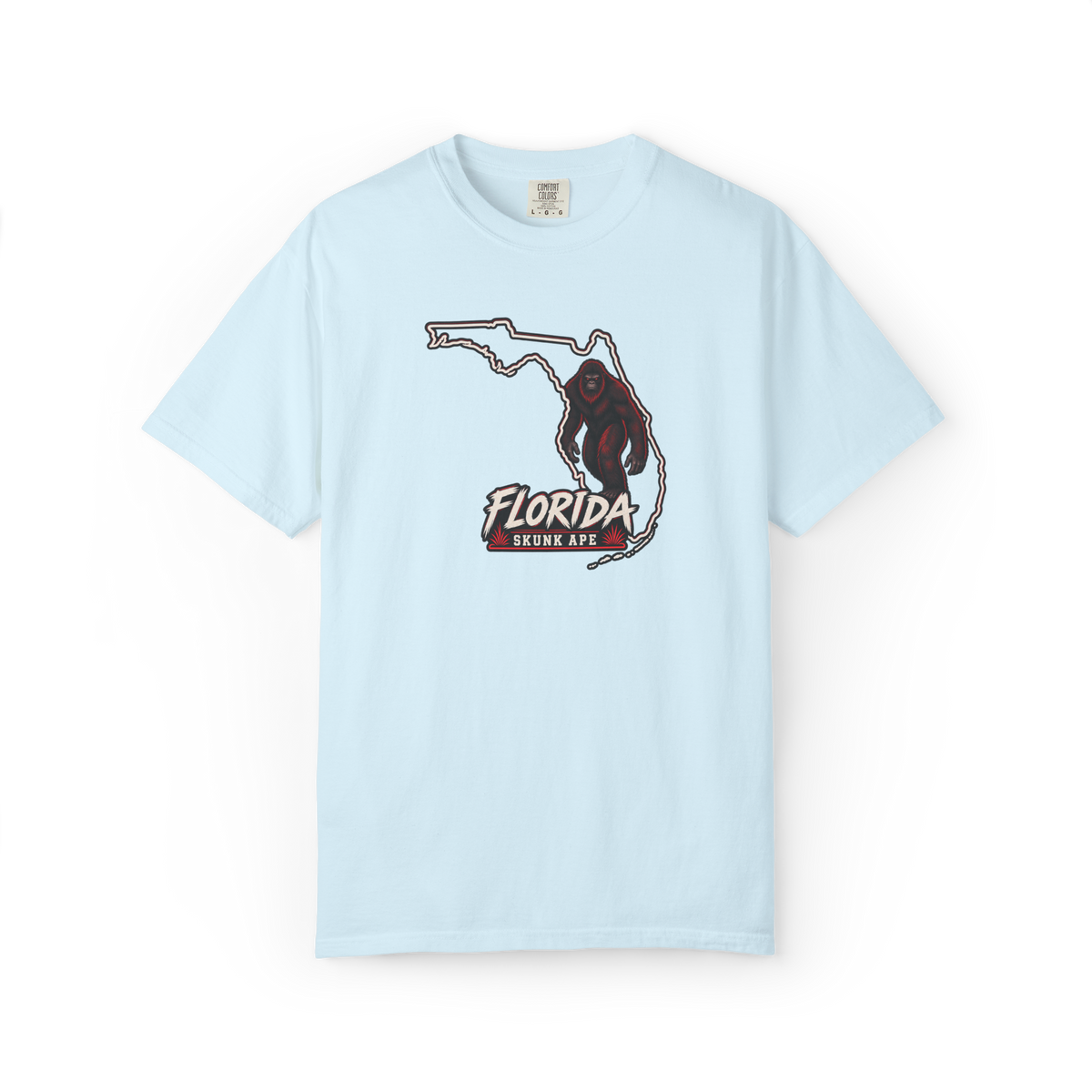 Light blue Florida Skunk Ape t shirt with a Florida state outline, dark red-brown skunk ape graphic, and Florida Skunk Ape text