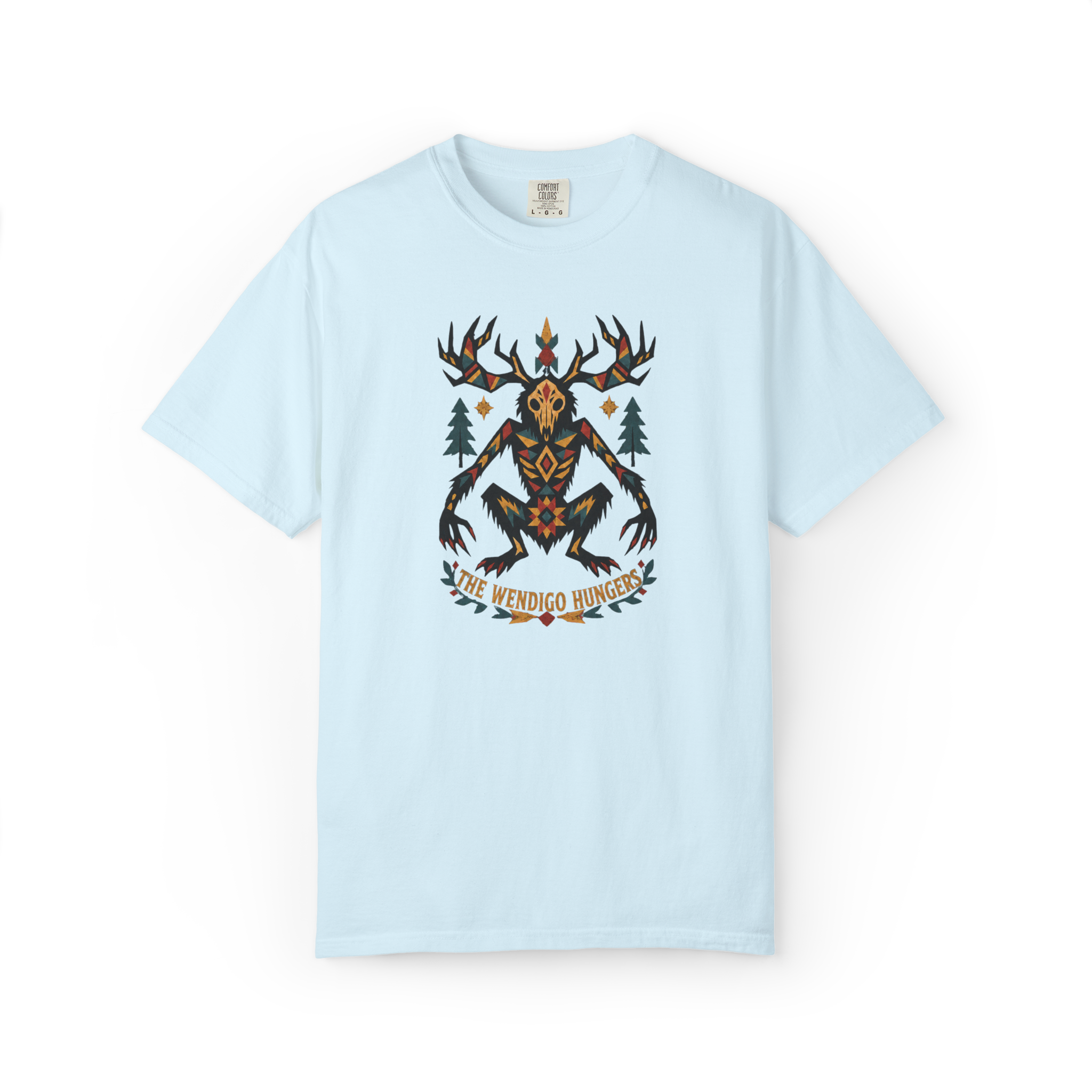 Light blue Wendigo t shirt with geometric antlered creature artwork, forest trees, orange and red details, and The Wendigo Hunters text