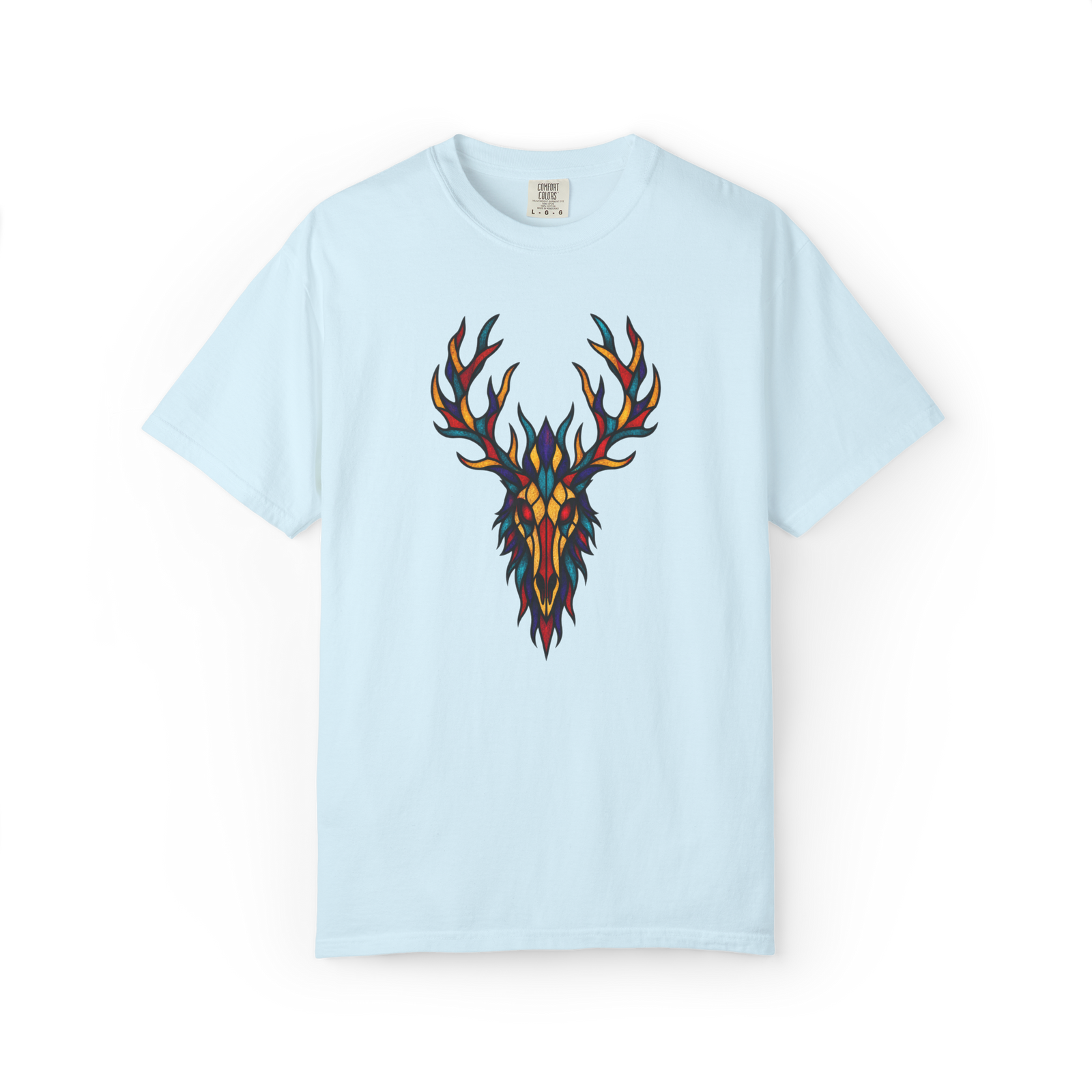 Light blue Wendigo shirt featuring a colorful antlered Wendigo skull graphic in an artistic multicolor design