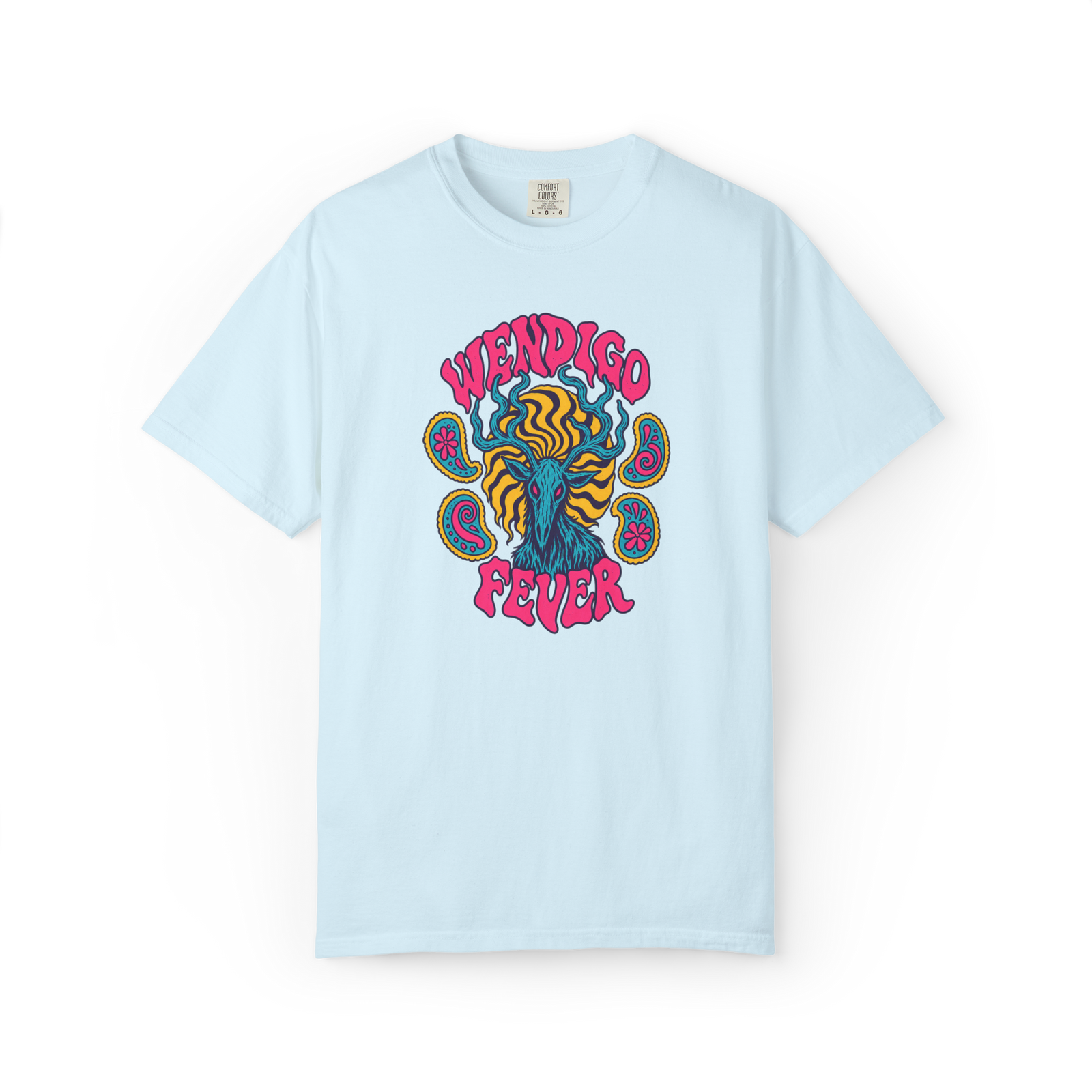 Light blue Wendigo t shirt with colorful psychedelic antlered creature artwork, paisley graphics, and pink Wendigo Fever text